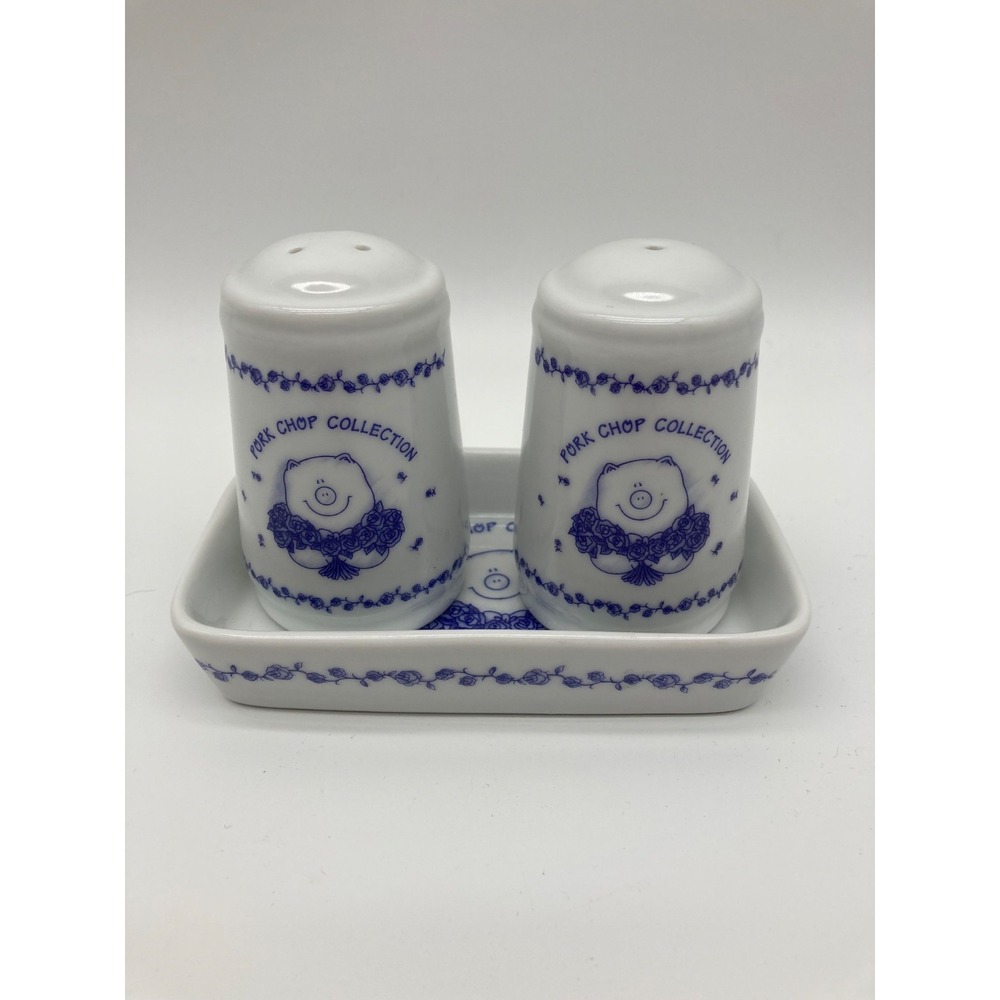Vintage Pork Chop Collection Salt Pepper Shakers Tray Daynice Blue Rose Pig
